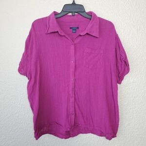 westbound pink/purple blouse women size XL short sleeve 100% cotton full buttons